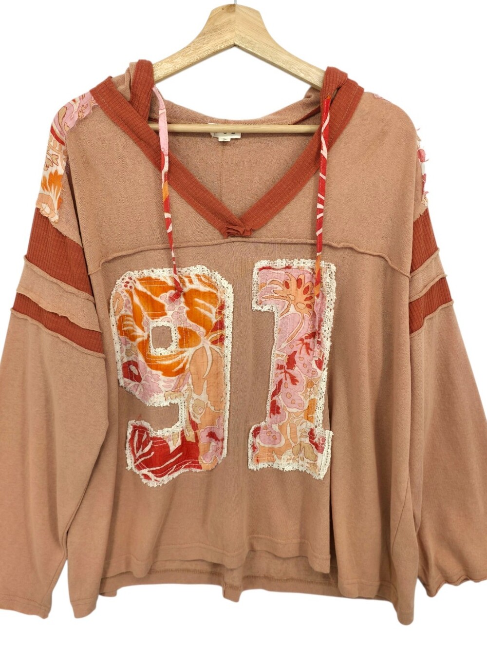 POL Oversized Boho Hoodie Sweatshirt Floral Patchwork Applique Knit Top Large - Picture 4 of 15